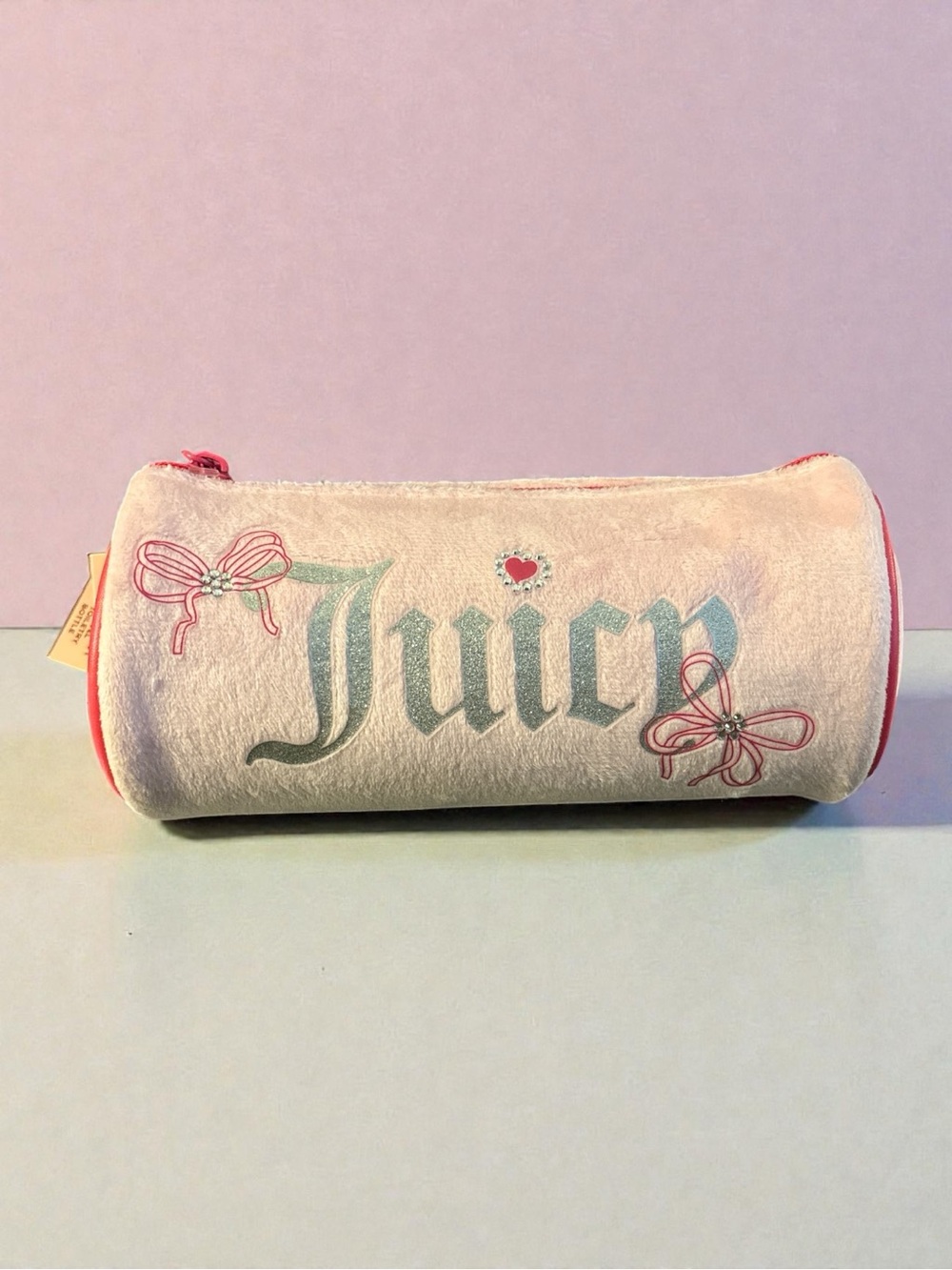 Juicy Couture White Plush Cosmetic Roll with Pink Trim